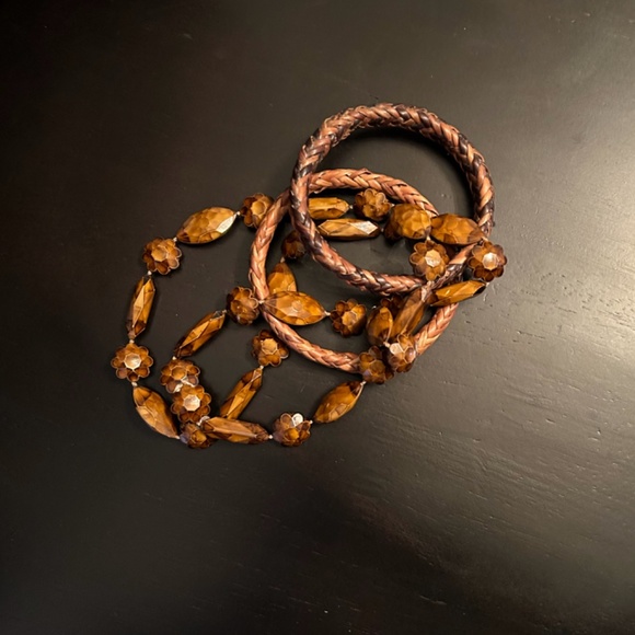 Vintage Lot Tortoise Beaded Celluloid Necklace & 2 Basket Weave Bangle Bracelets - Picture 2 of 11